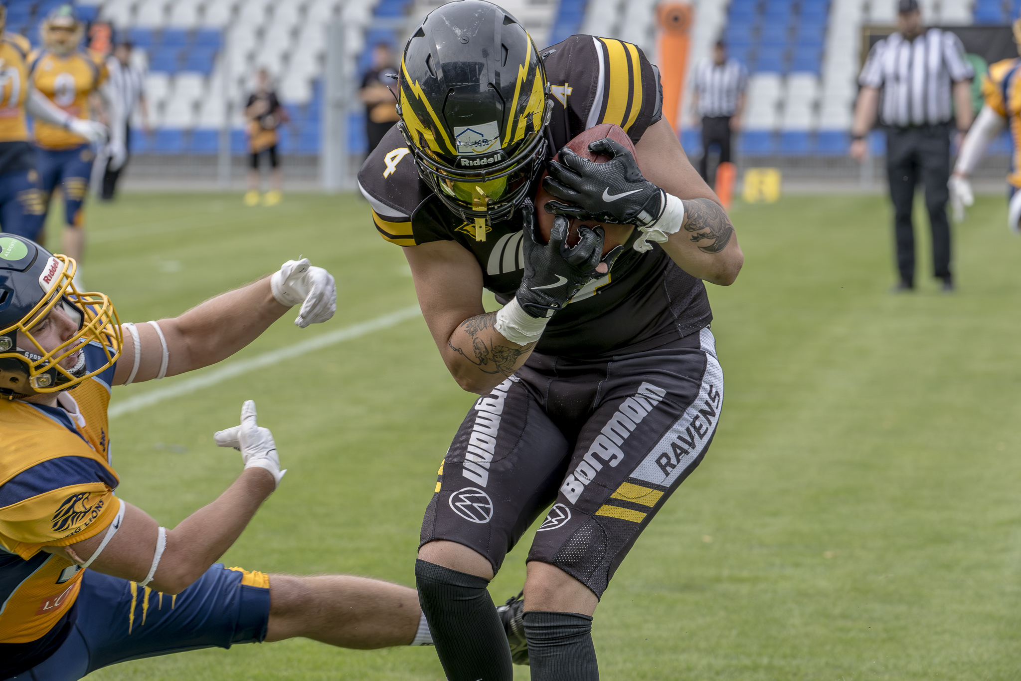Viele Punkte gab es im Spiel der Krefeld Ravens gegen die Leipzig Lions - hier der erste TD von David Crawford (Foto: Nick Jungnitsch)