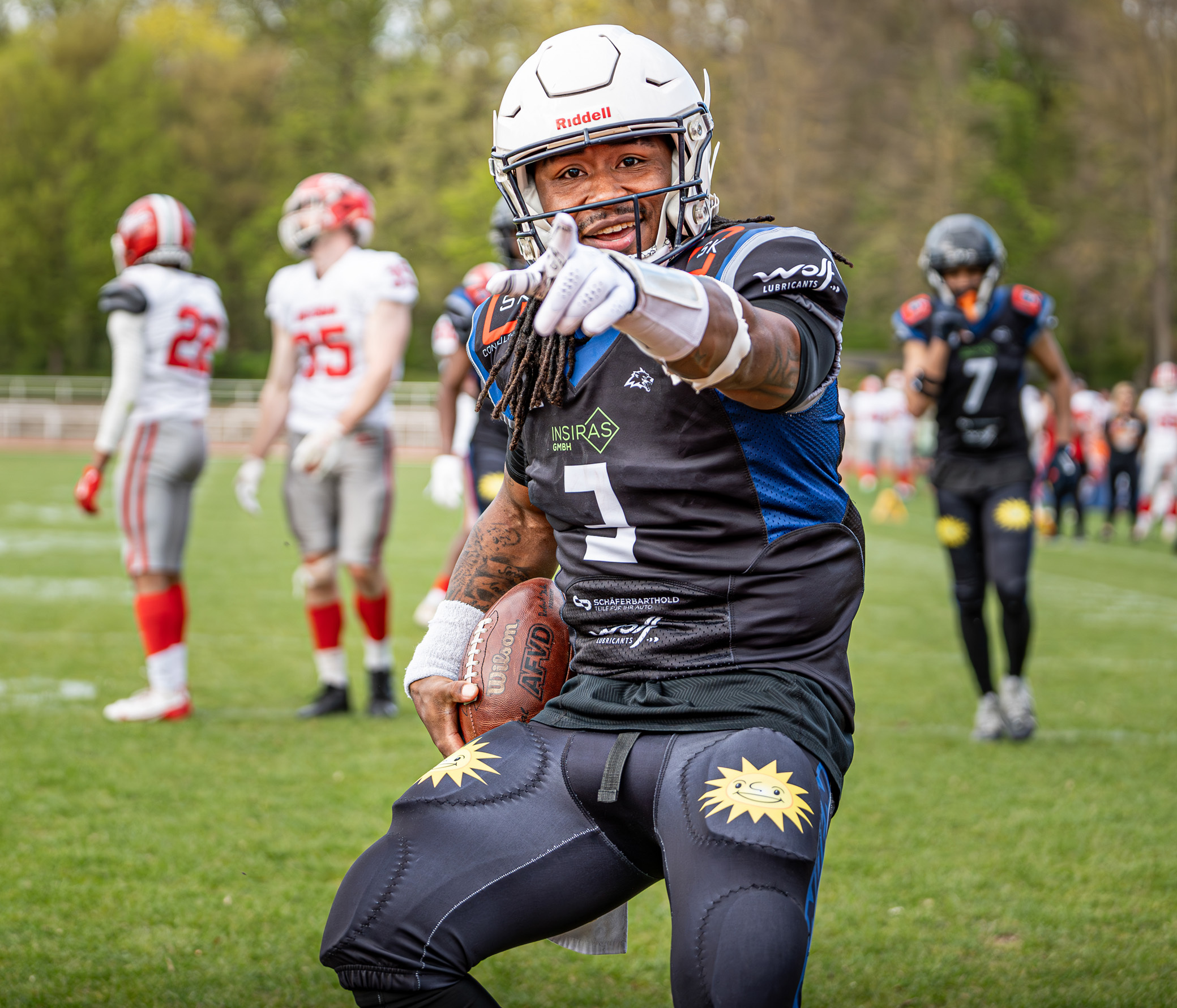 Mindens neuer Quarterback Darrius Sample freut sich über seinen ersten Touchdown im Wolves-Trikot - Foto: Hendric-Noah Pieper