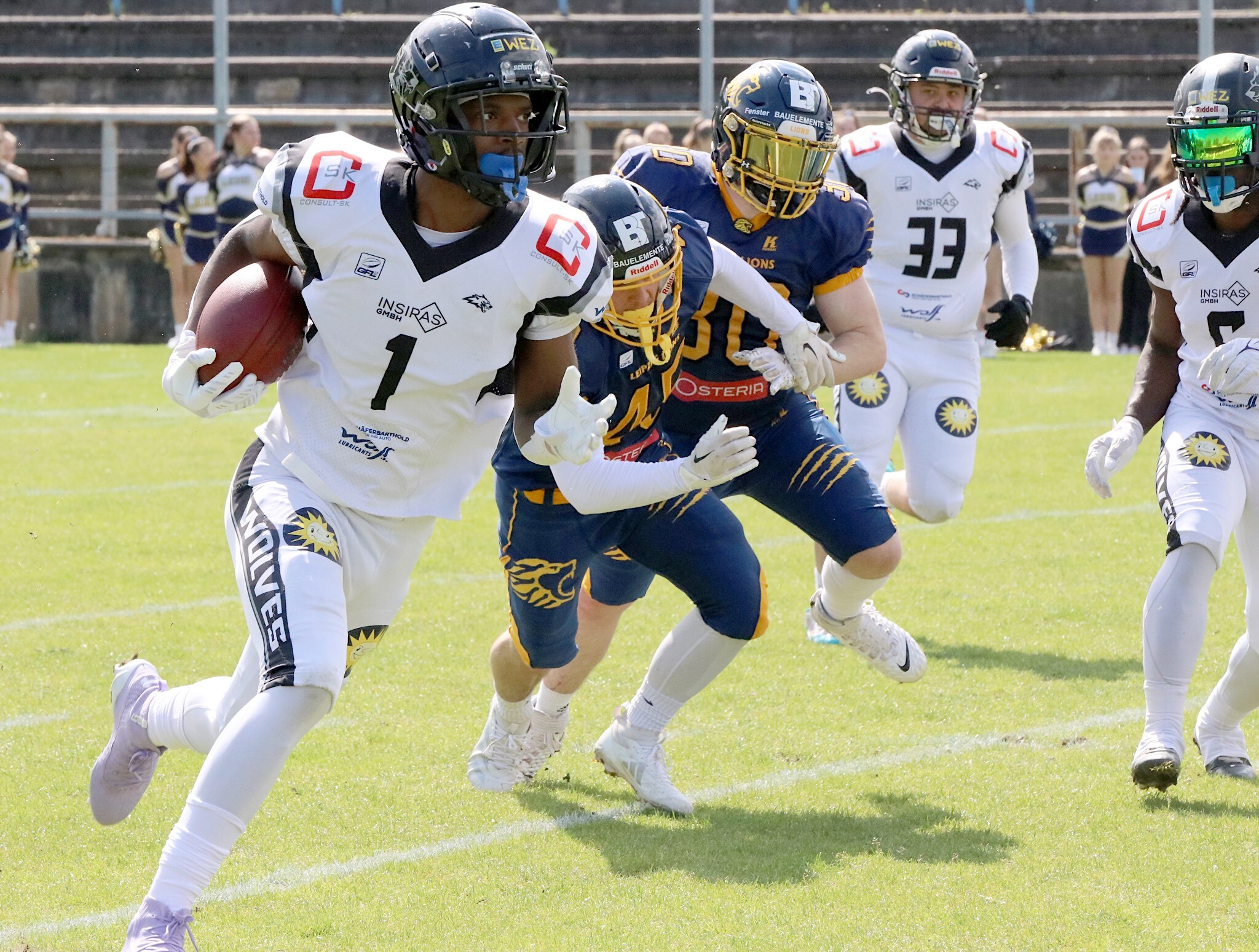 Nur selten wurden die starken Receiver der Minden Wolves, wie hier Willie Fedd jr., bei der Bundesliga-Premiere in Leipzig in Szene gesetzt. Foto: Minden Wolves